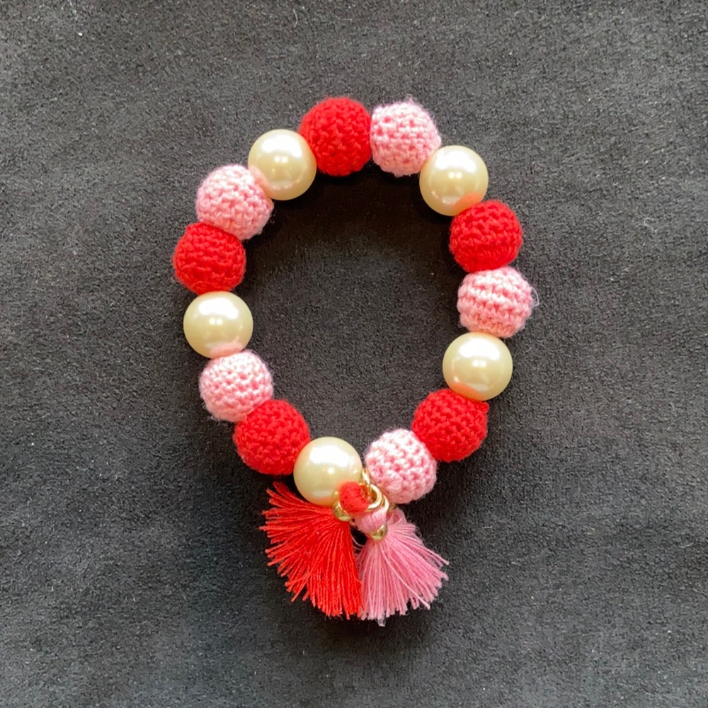 Red & Pink J. Crew Elastic Pom & Pearl Bracelet